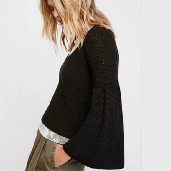 Free People Damsel Rib Knit V-Neck Bell Sleeve Fall Boho Casual Chic Sweater - Picture 2 of 9